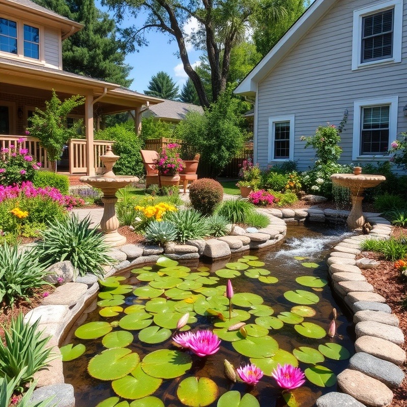 Two beautiful backyards with flowers, birdbaths, waterfalls, and lily pads.