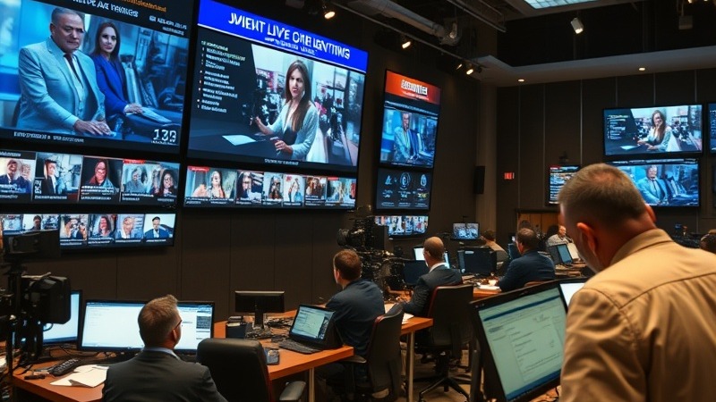 Photorealistic busy newsroom showcasing interactive media publishing with a digital news ticker.