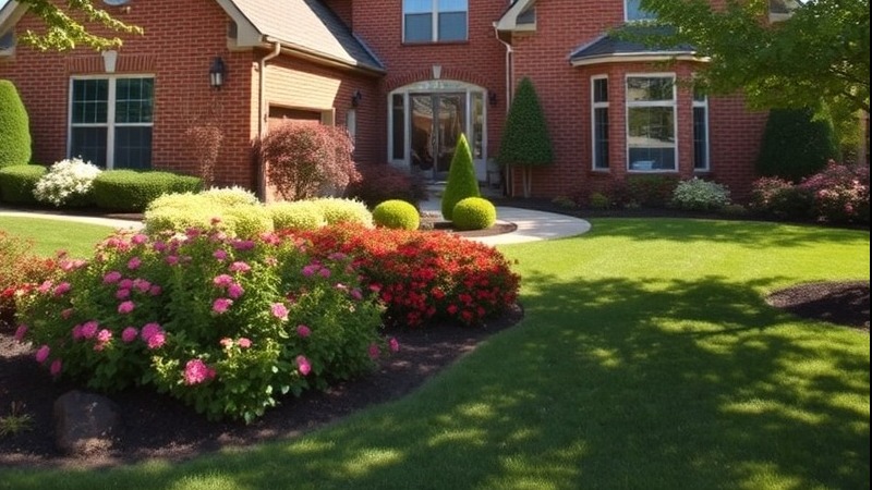 Stunning large brick home surrounded by lush landscaping with vibrant flowers.
