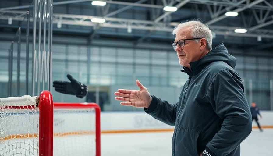 Ice hockey coach demonstrating head checks for goalies on the rink.