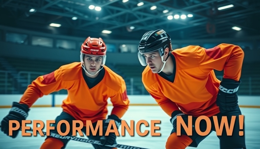 Hockey players practicing, 'Boost Performance Now!' text, performance enhancer for goalies.