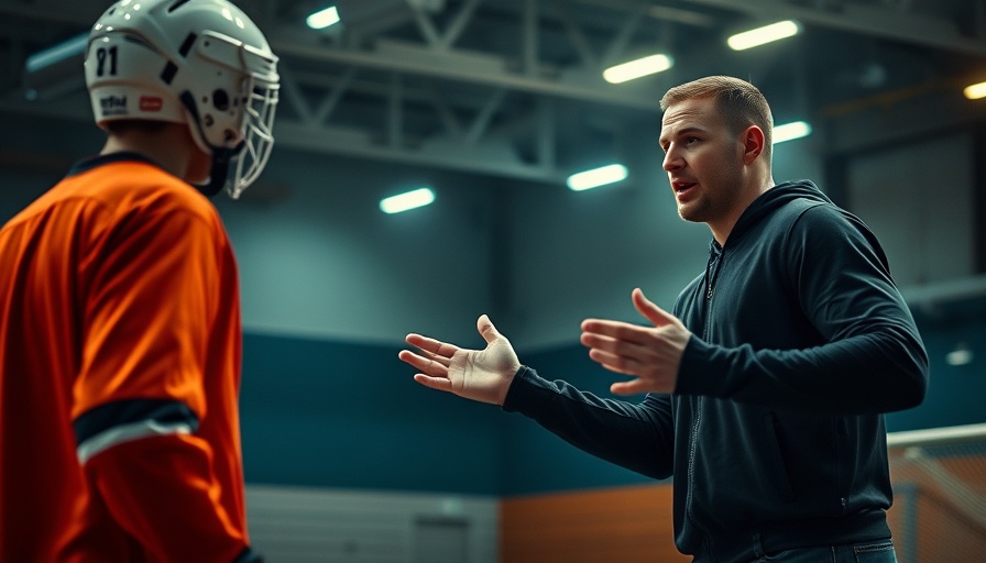 Young man promotes importance of warm-up for goalies in gym.