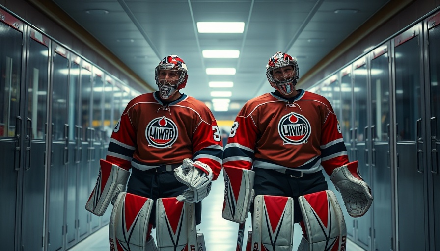 Two confident hockey goalies walking out for a game preparation.