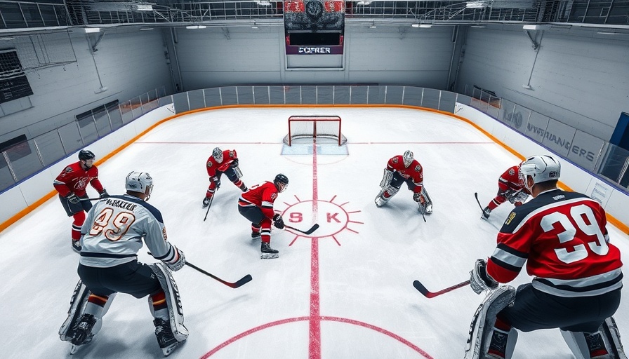 Hockey goalies doing puck handling drills in an indoor rink.