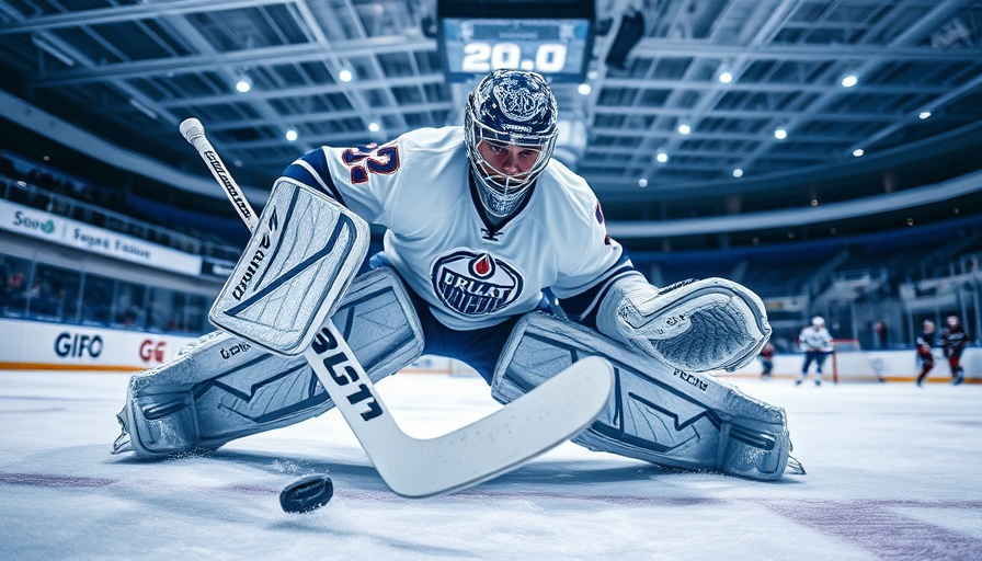 Focused ice hockey goalie making a save in an indoor rink, showcasing Grip the Ice Hockey Goalie Techniques.