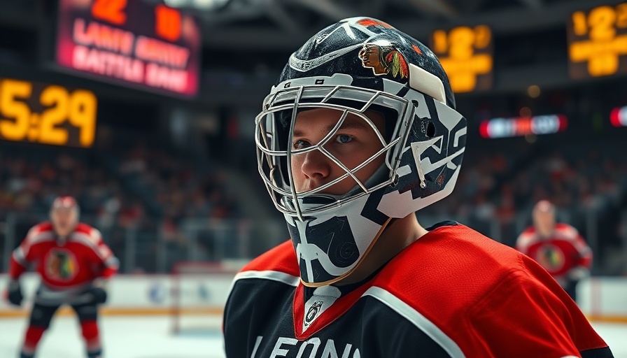 Goalie showing mental focus on the ice during a hockey game.