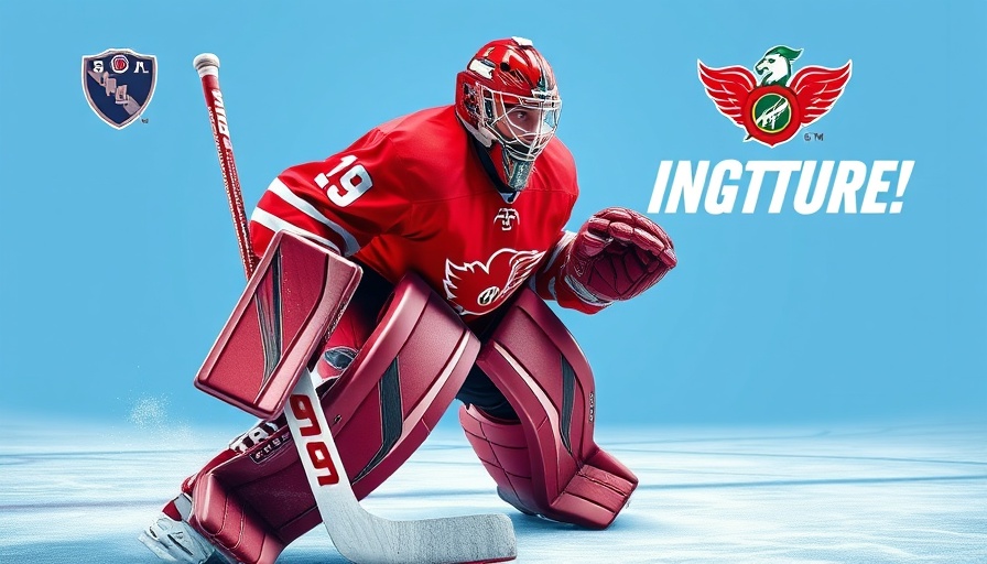Goalie in red gear with 'Goalies Shouldn't Play NCAA' text.