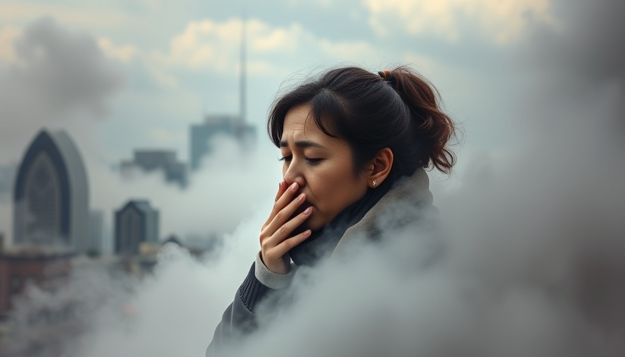 Air pollution cognitive decline: woman coughing in smog.