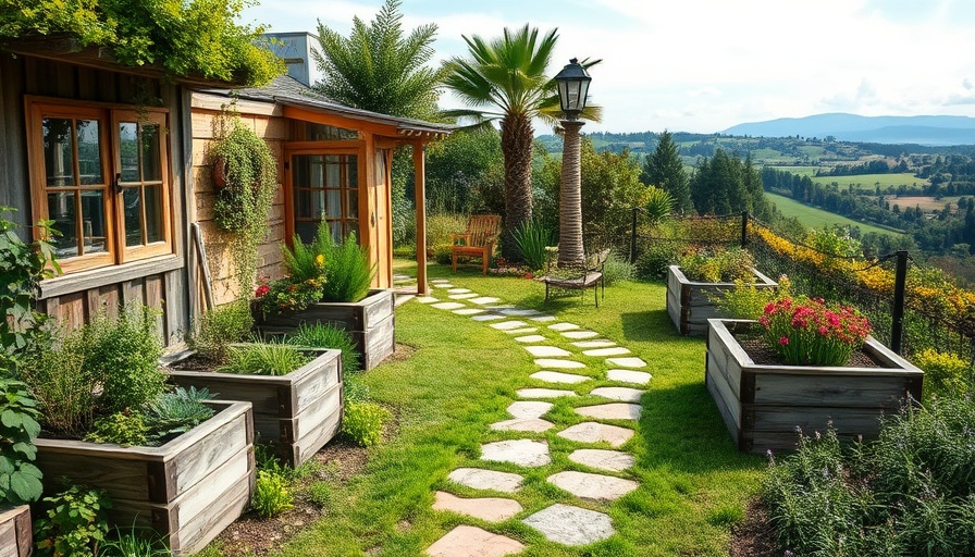 Garden with vintage rustic decor from waste material, stone path, lush greenery.