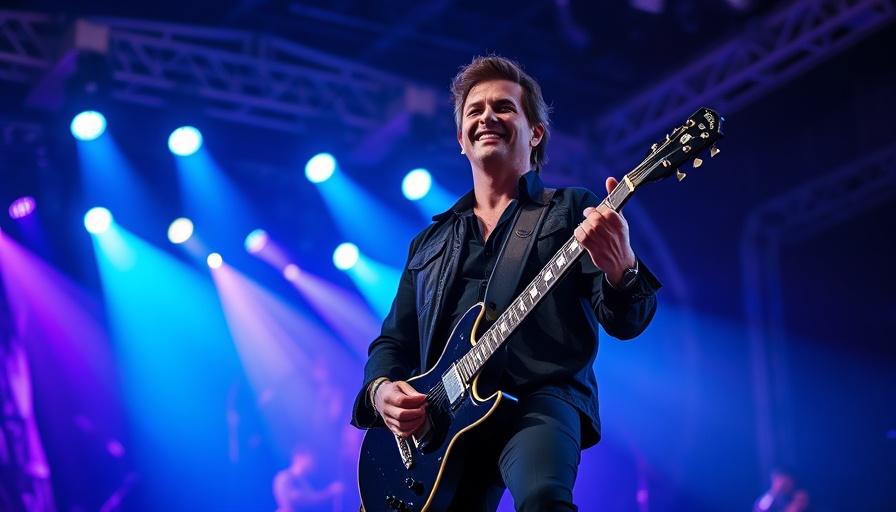 Rock musician on stage performing with guitar, vibrant lighting.