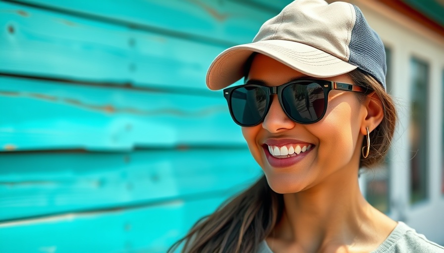 Woman standing against a turquoise wall, wearing cap and sunglasses.