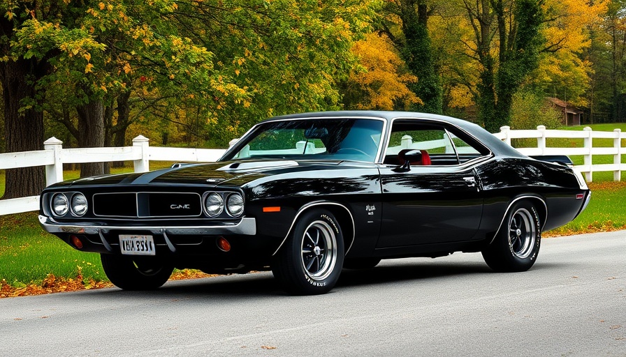 Classic black muscle car on scenic road for buy used cars.