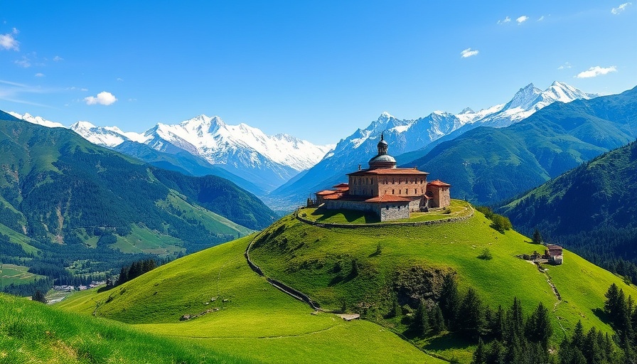 Panoramic view of Georgia landscape with mountains and monastery.