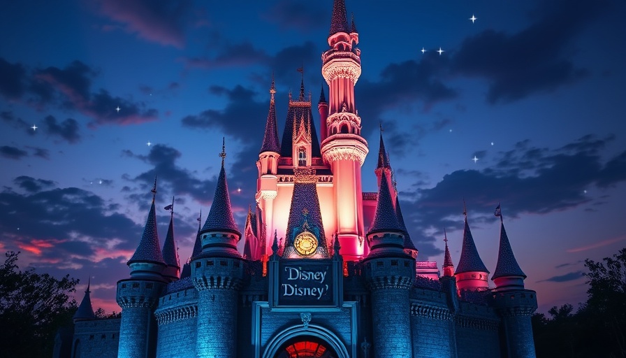 Disney castle logo glowing against a twilight sky.