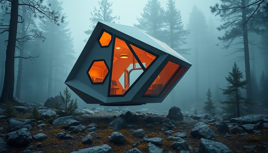 Innovative camping pod with angular design in misty forest