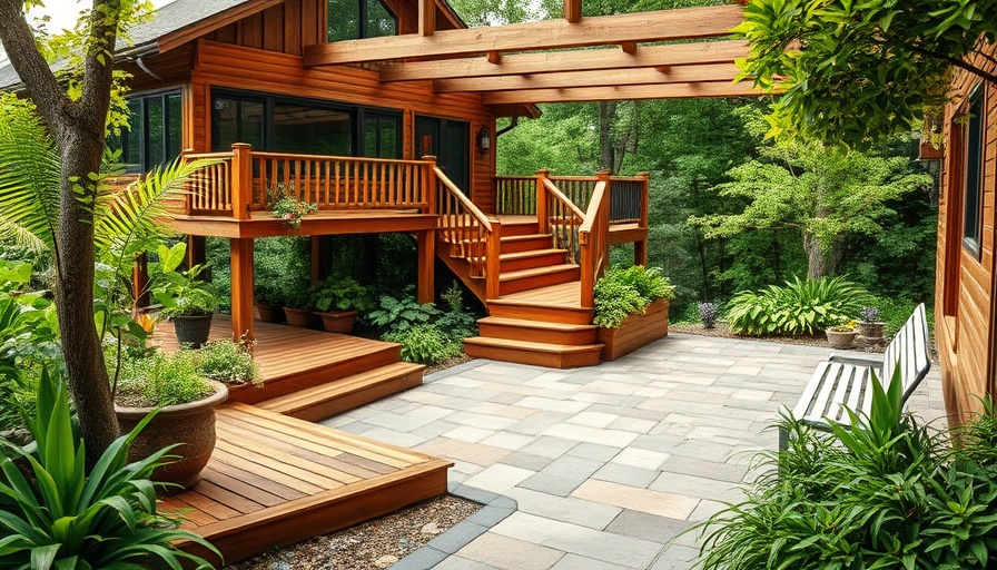 Rustic wooden deck design ideas with stone patio and greenery.