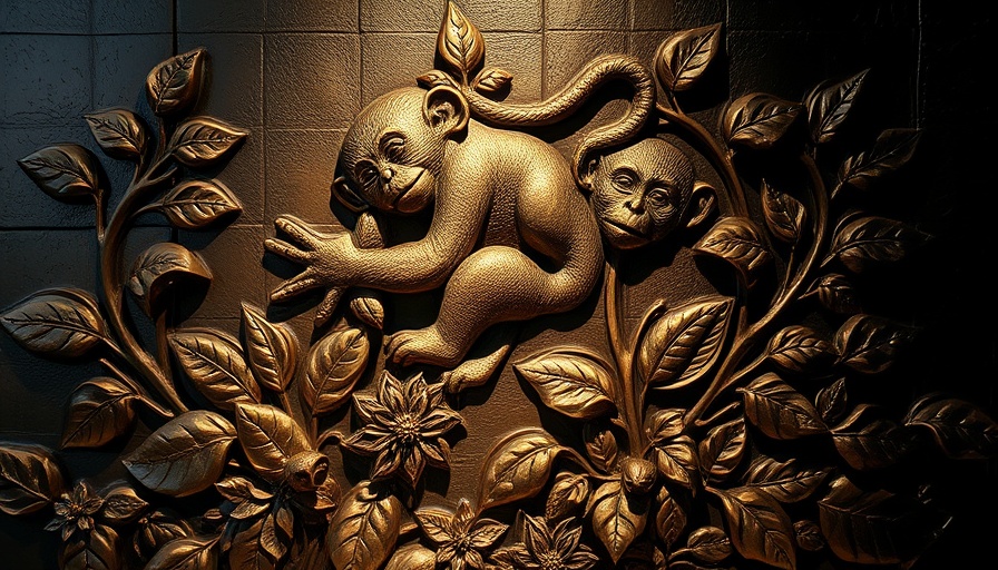 Intricate bronze relief with monkeys at Art Basel Paris 2025.