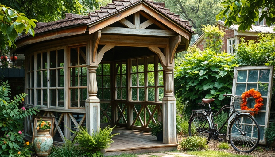 Fairy tale garden with a rustic gazebo and recycled materials