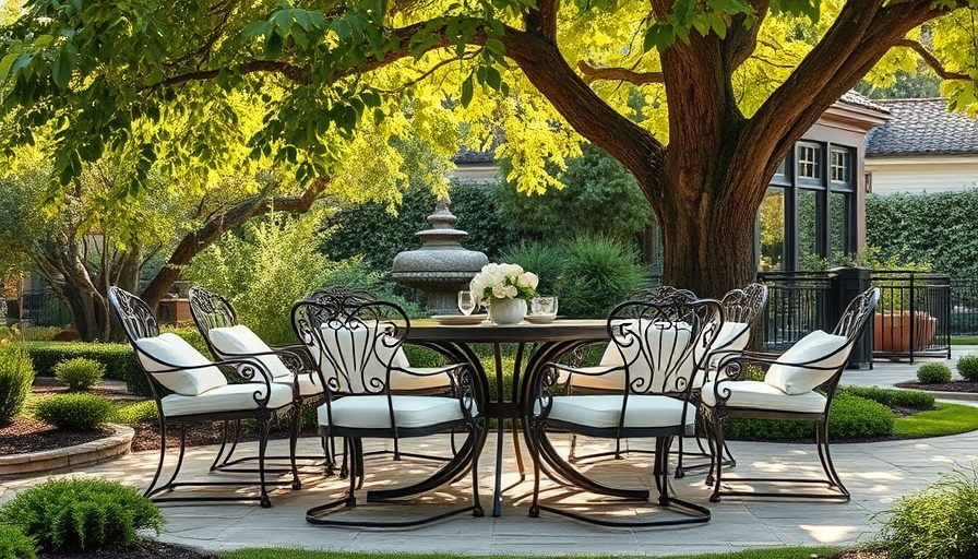 Outdoor dining set with comfortable cushions under a tree