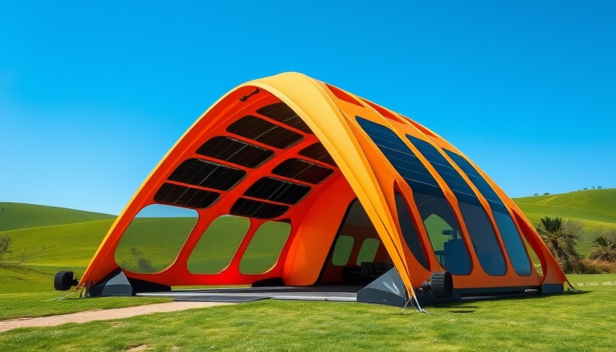 Solar-powered tent in a green landscape for eco-friendly camping adventures.