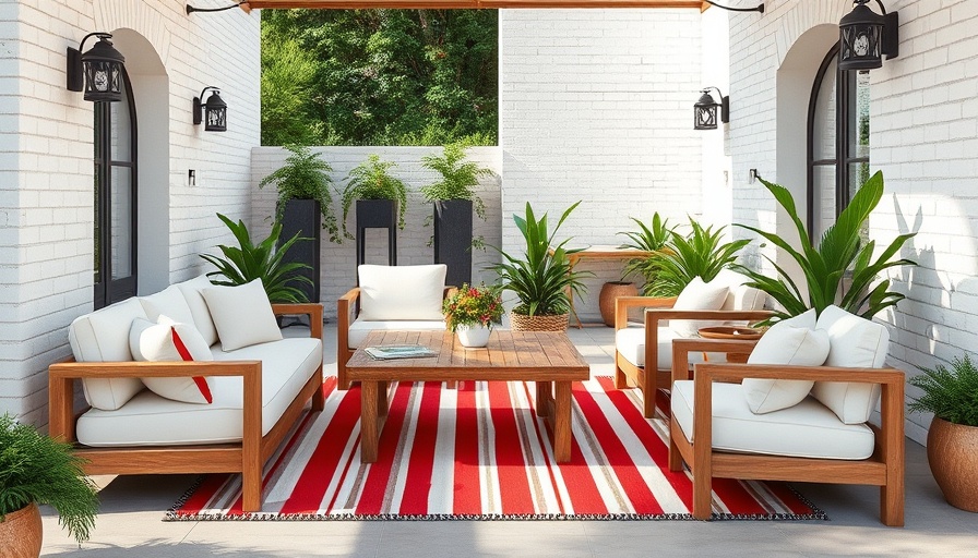 Stylish outdoor patio area design with seating and rug.