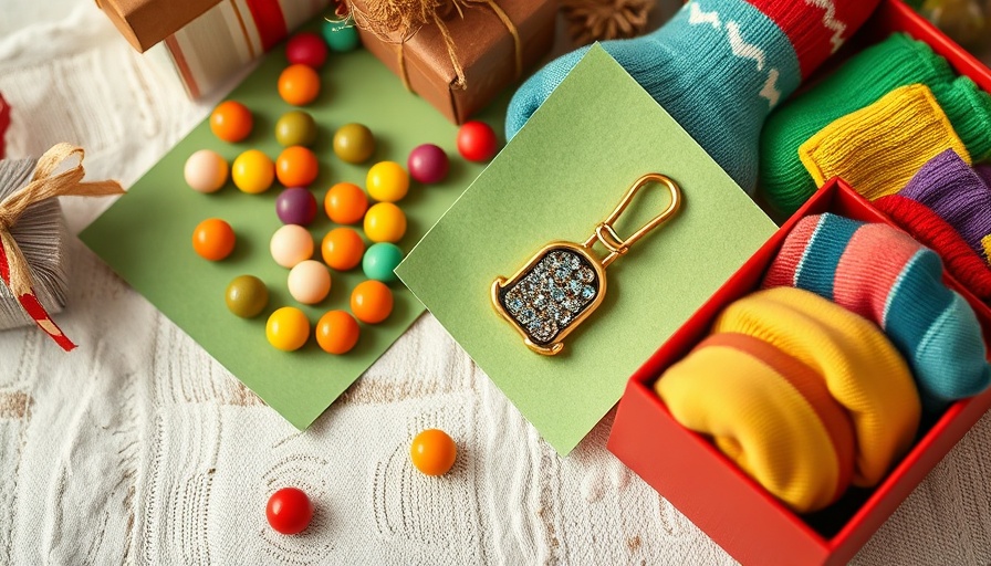 Colorful sustainable stocking stuffers on green paper background.