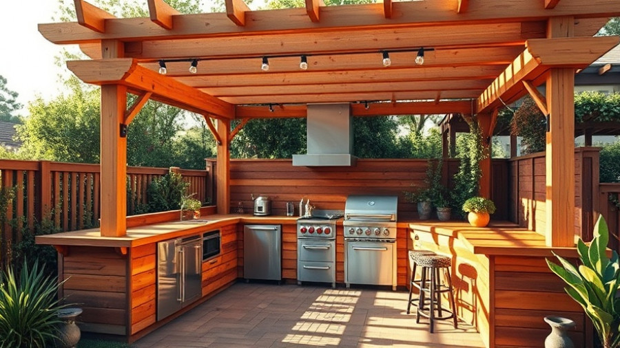 Modern cedar outdoor kitchen design ideas with pergola.