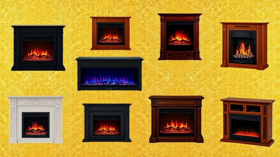 Assorted best electric fireplaces on Amazon displayed on a gold background.