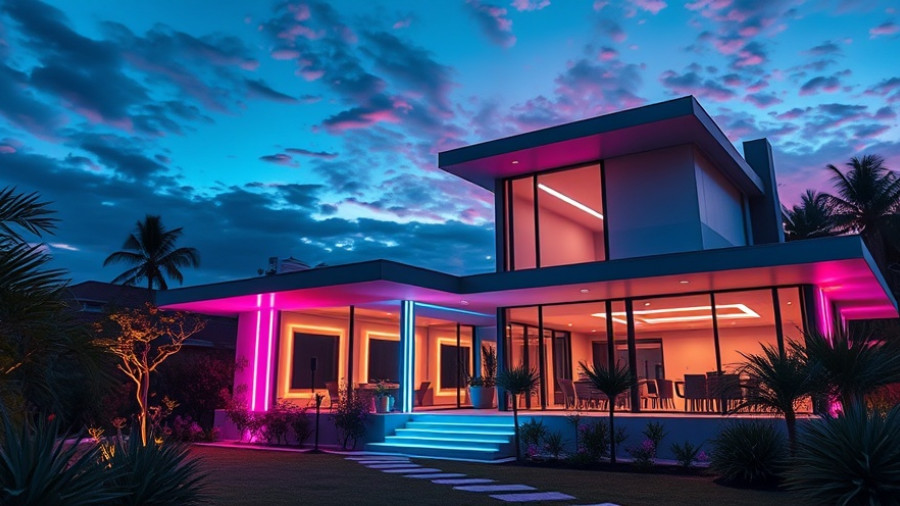 Futuristic smart home with vibrant neon lights showcasing 2026 trends.