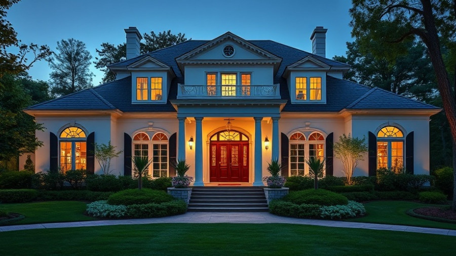 Raleigh Dream Home at dusk with elegant colonial design and lush surroundings.