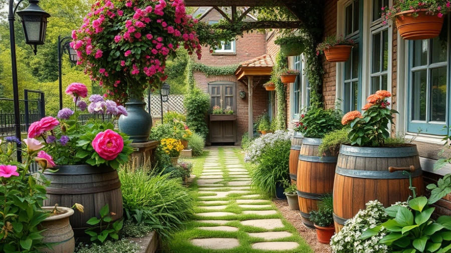 Idyllic vintage garden with heirloom plants and rustic pathway.