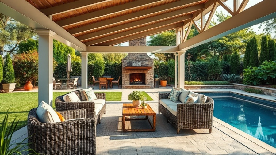 Covered outdoor space design ideas with pool and seating.