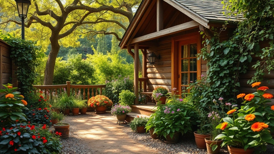 Vintage rustic garden patio with lush plants and a wooden cottage.