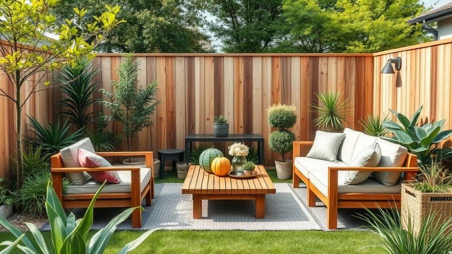 Modern backyard outdoor dining area with stylish wooden seating and greenery.