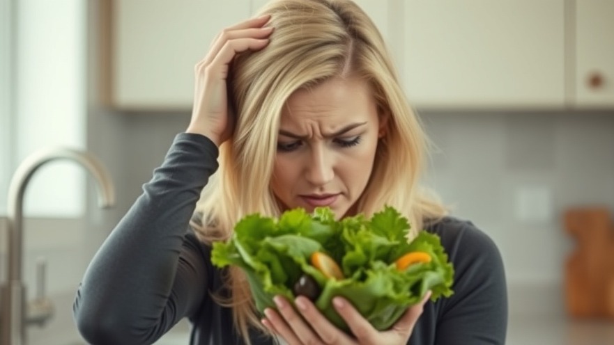 Stressed woman with blonde hair contemplating a salad, highlighting the impact of diet and mental health.
