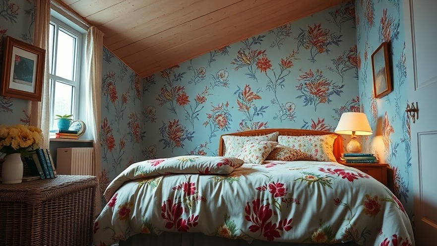 Cozy vintage bedroom with eco-friendly wallpaper, vibrant bedding, and warm lighting.