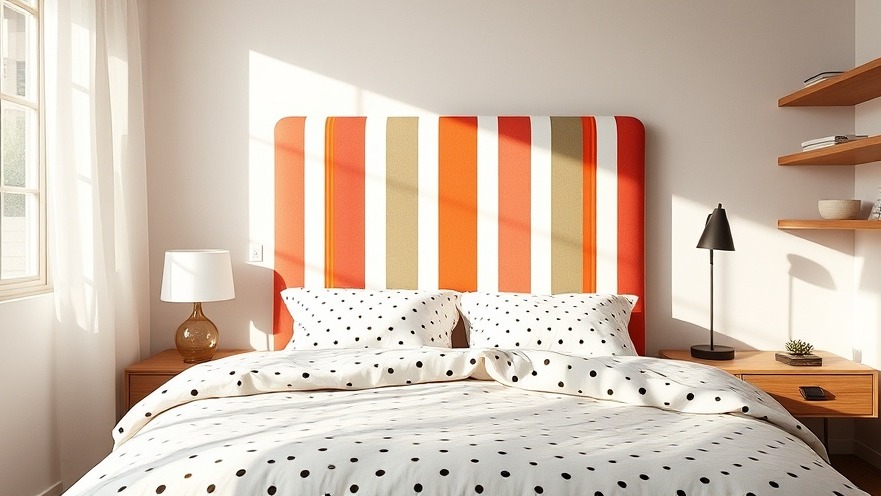 Vibrant striped sustainable headboard in a modern bedroom, showcasing eco-friendly furniture.