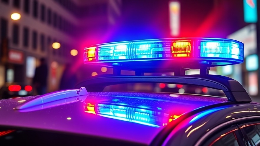 Vibrant police lights at night on the streets of LaPlace, highlighting community safety against violence.