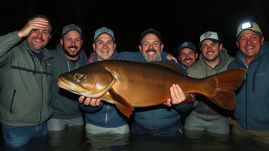 Enthusiastic anglers celebrate a successful catfish fishing catch in Louisiana.