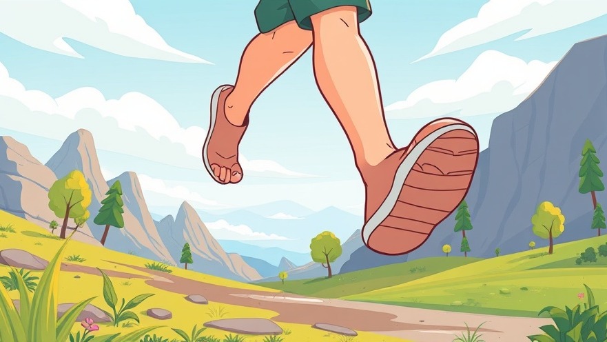 Cartoon feet representing foot health signs in a vibrant landscape.