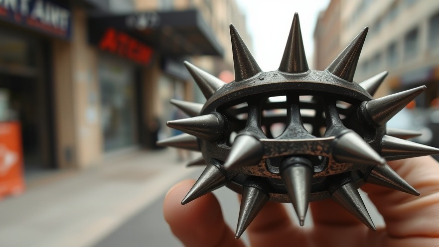 Close-up of a tire trap's sharp spikes, highlighting community safety initiatives.