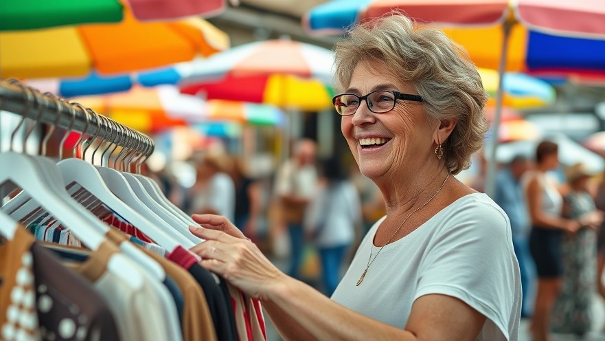 Joyful woman exploring flea markets in Florida, vibrant outdoor atmosphere.