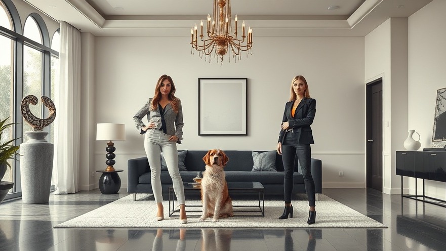 Chic living room featuring modern architecture and elegant design, women and dog relaxing.