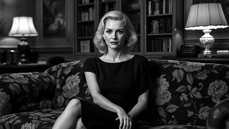 Elegant woman in black dress relaxing in vintage living room, showcasing modern home trends.