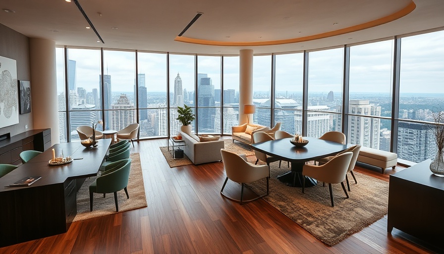 Luxurious open-plan living room in a high-end condo with city views.