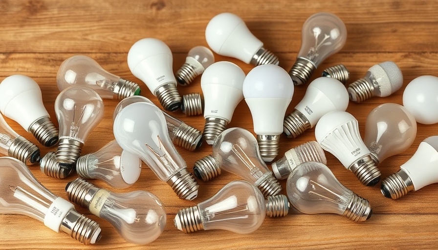 Assorted energy efficient light bulbs on wooden table.