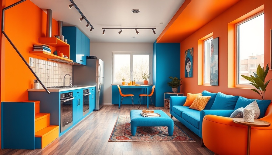Cartoon design of vibrant 430-square-foot apartment interior.