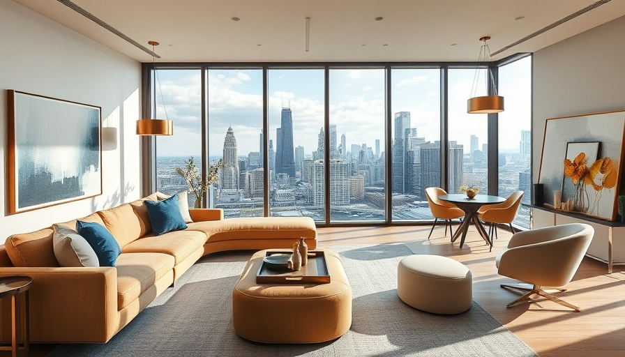 Luxurious Chicago apartment interior with cityscape view.