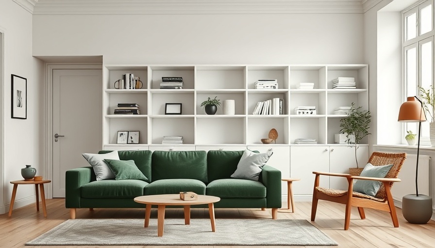 Scandinavian design in a small apartment living room with a green sofa.