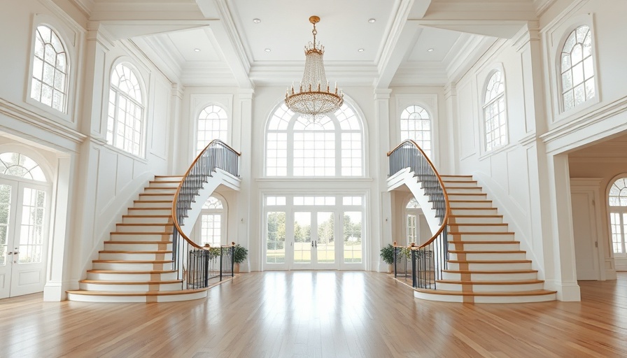 Grand foyer with staircase and chandelier in Beverly Hills mansion